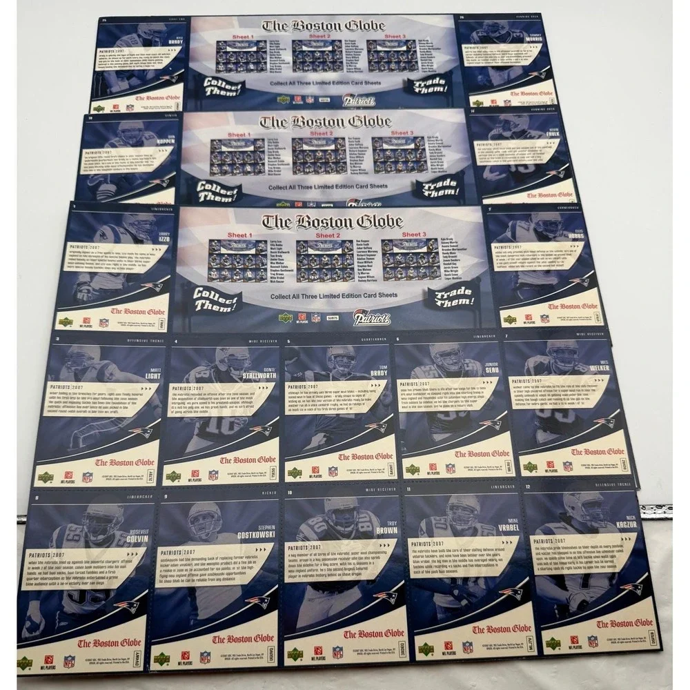 2007 Upper Deck New England Patriots Boston Globe Complete 3 Sheet Set Tom Brady
